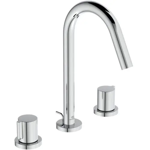 Drei-Loch Waschtischarmatur in Chrom-Optik von Ideal Standard. Sie besteht aus einem hohen Auslauf und zwei seitlichen Bedienelementen für Temperatur und Wasserfluss.